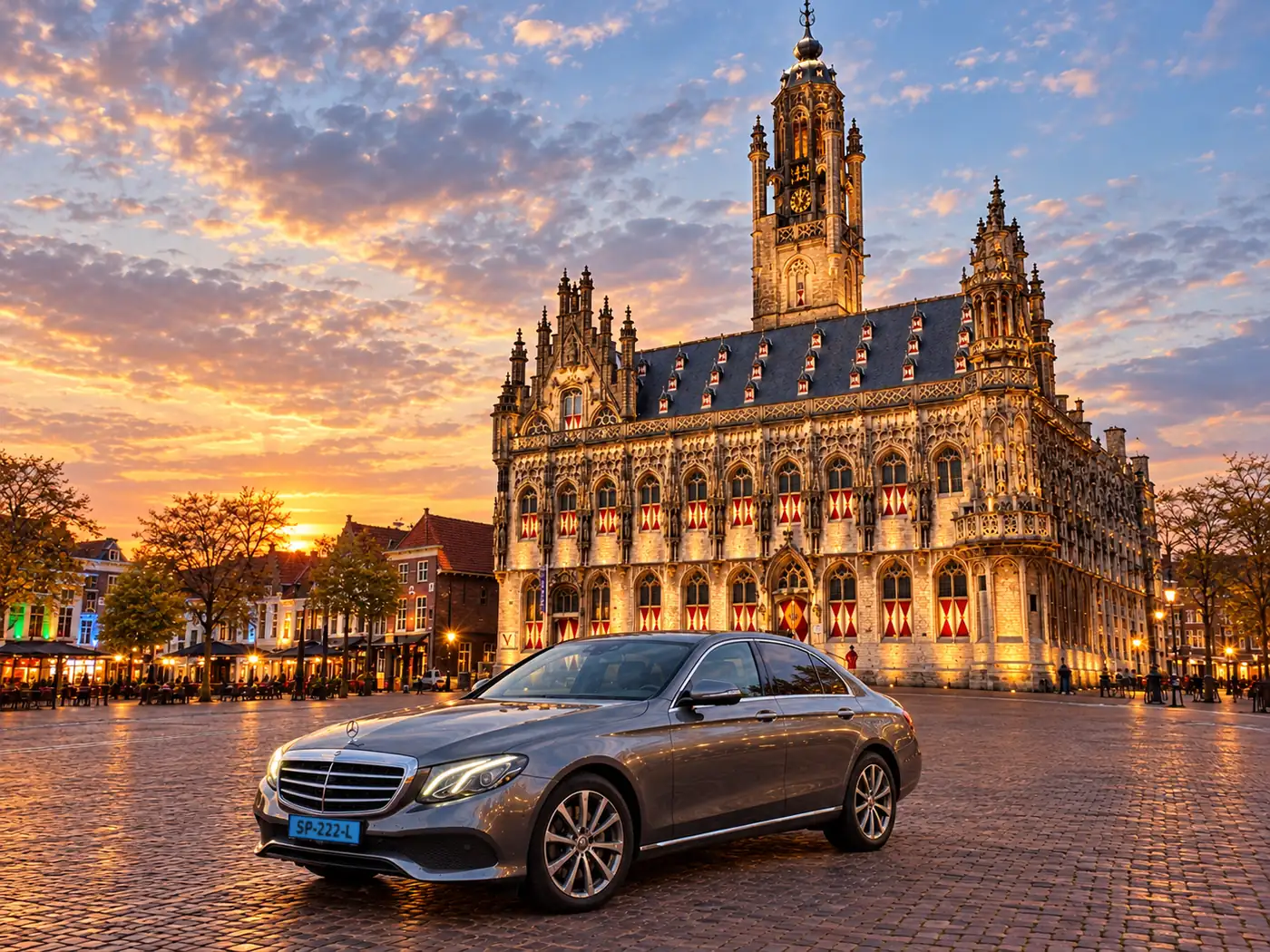 Taxi Cozy Mercedes E-Class bij het stadhuis op de Markt in Middelburg