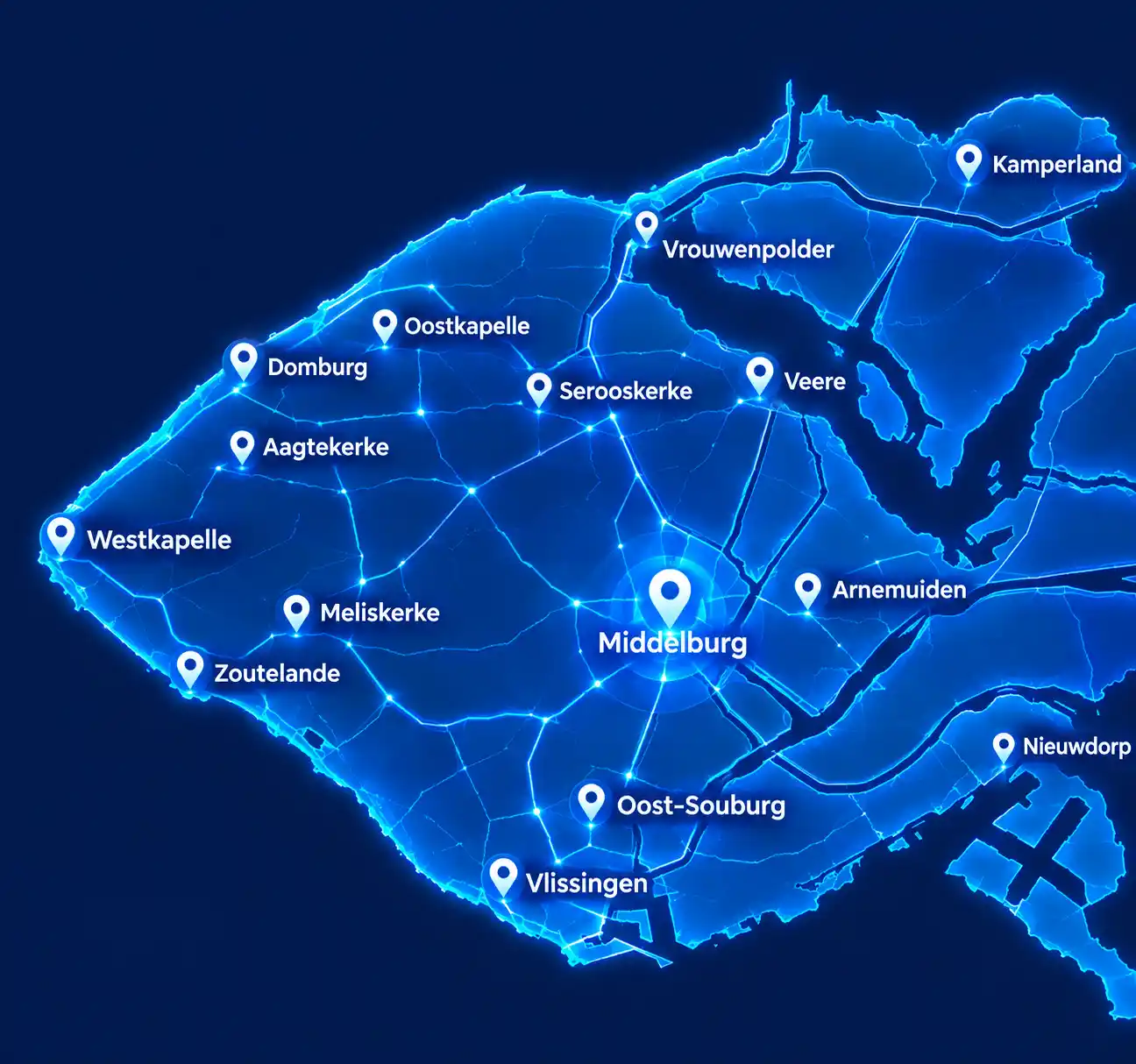 Neon blauwe kaart van Walcheren en Zeeland met Middelburg en omliggende bestemmingen